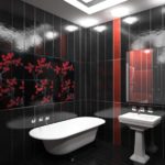 Черно-белая ванная комната с элементами красного цвета