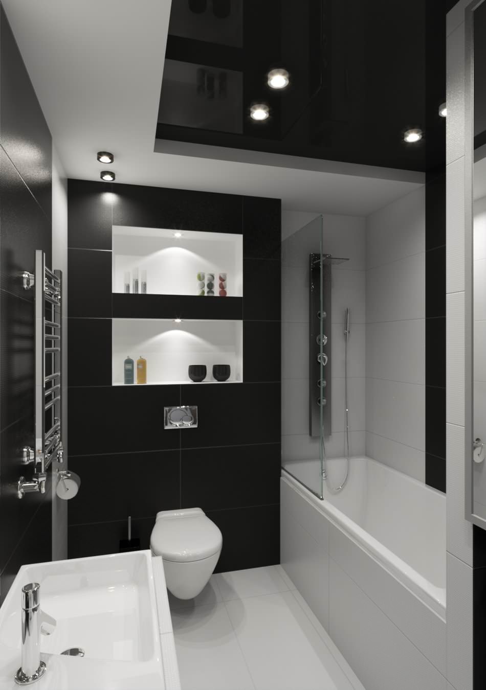 Черно-белая ванная комната с высоким потолком