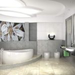 Ассиметричный дизайн ванной комнаты в частном доме с фотопечатью на кафеле