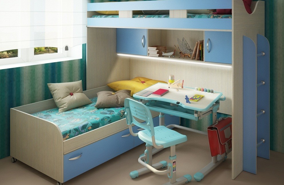 Дизайн детской комнаты для двух разнополых детей парта-трансформер