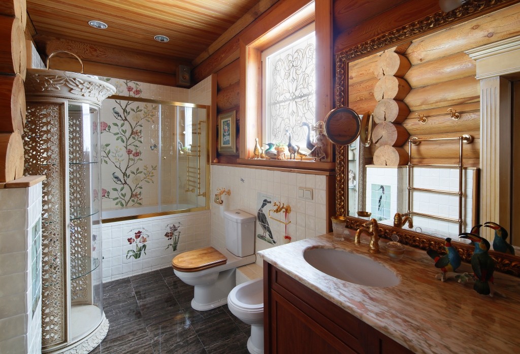ванная в доме из оцилиндрованного бревна фото