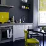 Серая палитра кухни с темно-серой гаммой и желтыми предметами интерьера