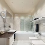 Современный дизайн ванной комнаты хайтек и кафель под мрамор