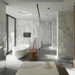 пример использования яркой декоративной штукатурки в дизайне ванной комнаты фото