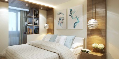 пример яркого интерьера спальной комнаты 15 кв.м картинка