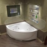 пример светлого дизайна ванной комнаты с угловой ванной фото