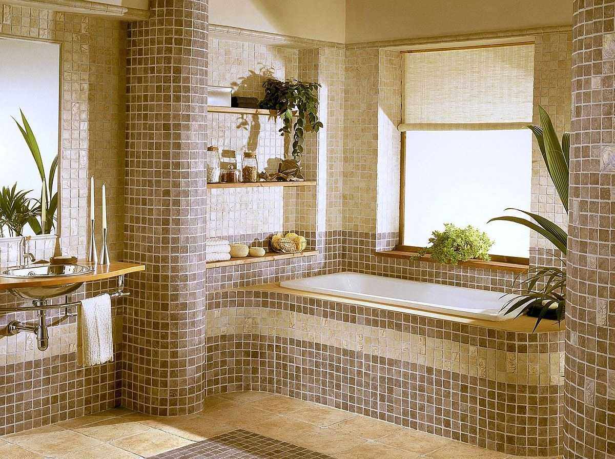 пример яркого дизайна ванной комнаты с облицовкой плиткой