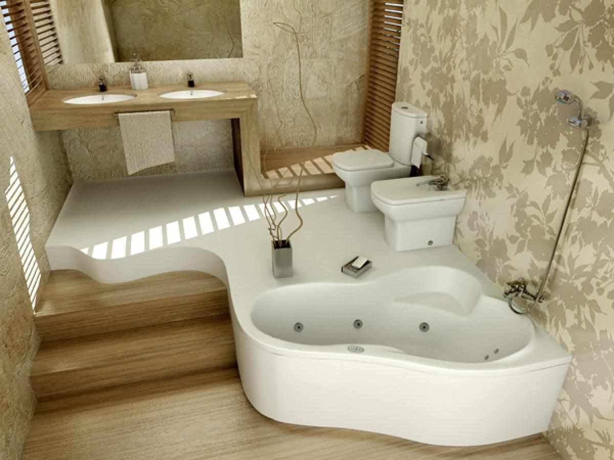 пример красивого декора ванной комнаты с угловой ванной