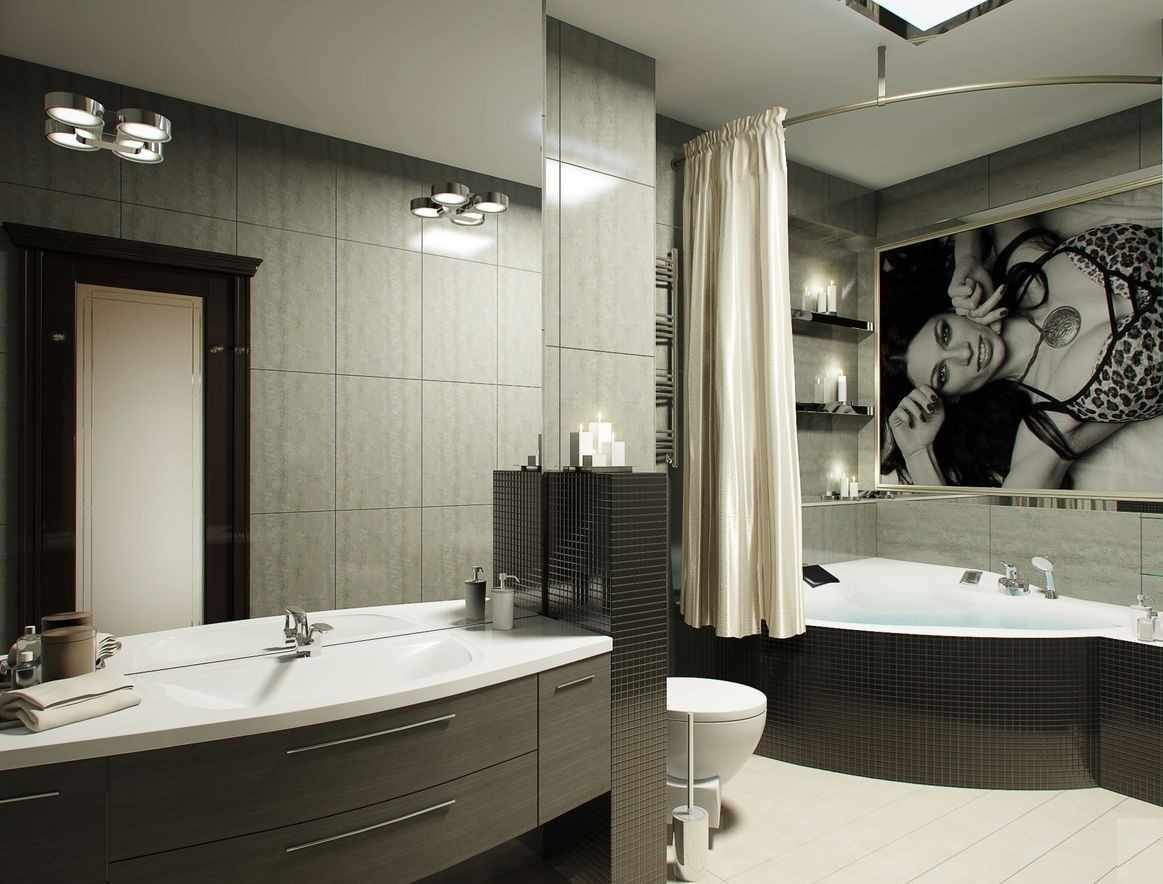 идея светлого дизайна ванной комнаты с угловой ванной