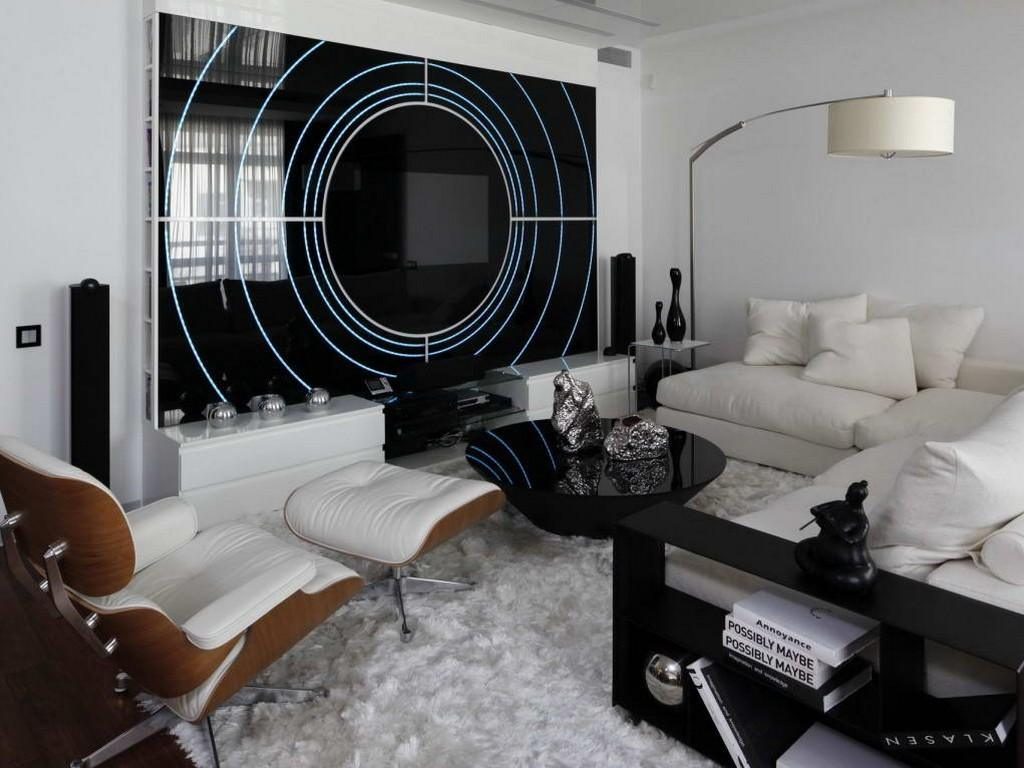 Черно-белый интерьер спальни-гостиной в стиле хай-тек