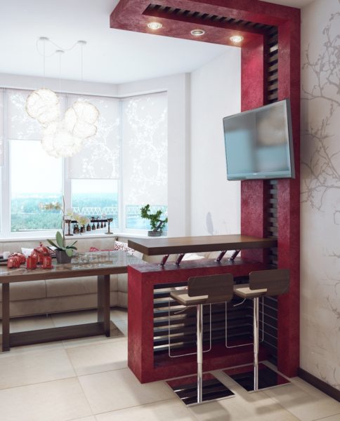 Дизайн кухни с балконом в бордовом цвете