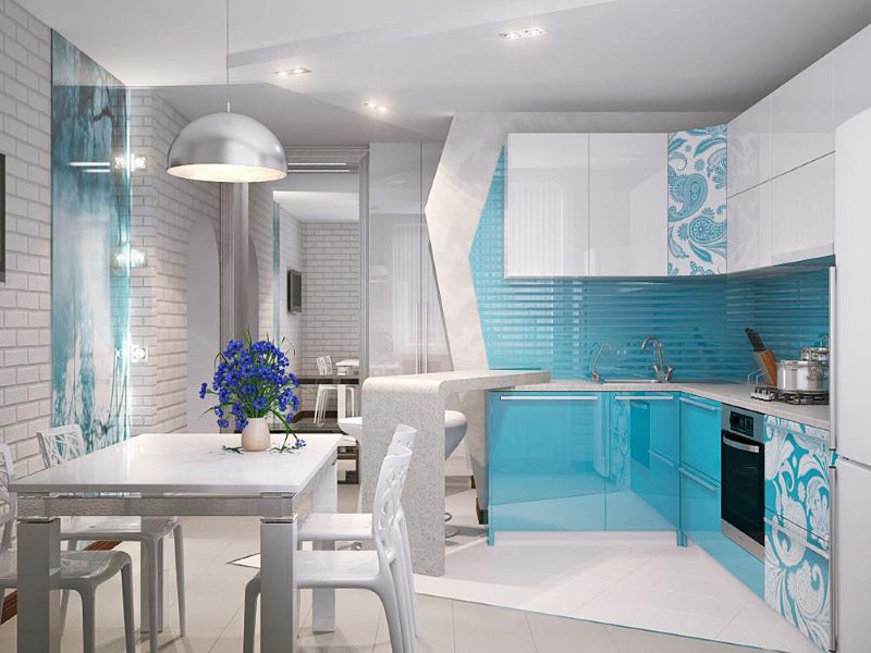 Светло-голубой цвет в интерьере кухни стиля модерн