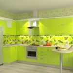 Яркая жизнерадостная кухня с мебеью цвета лайм и фартуком с бабочками