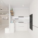 Стильный интерьер компактной кухни в белоснежной гамме