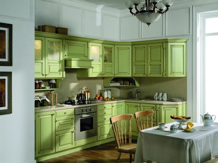 Оливковые обои на кухне в интерьере фото