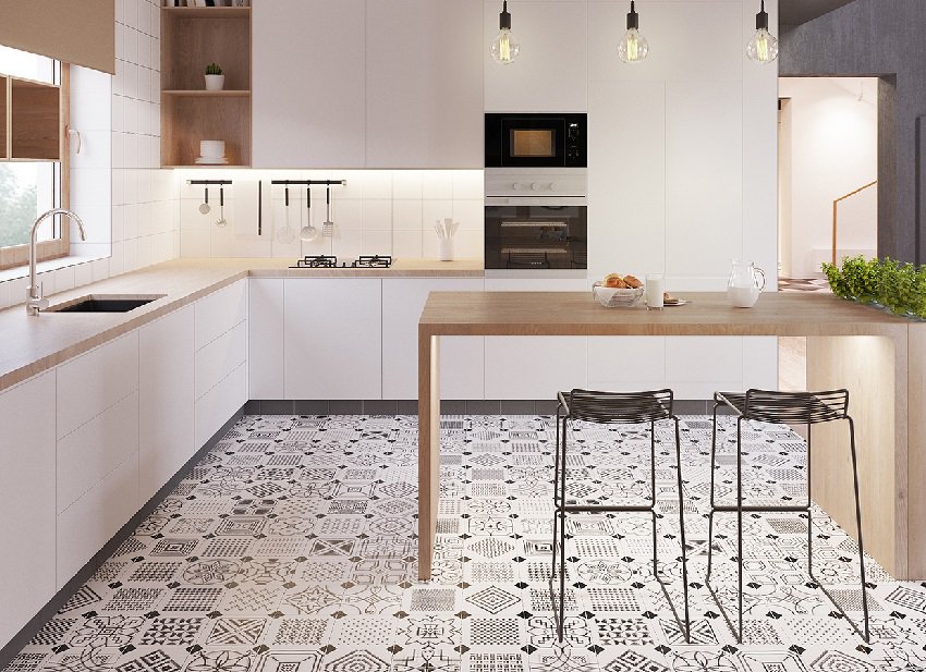 Плитка с орнаментом на полу кухни в скандинавском стиле
