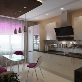 Дизайн кухни-гостиной с натяжным потолком