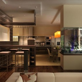 Дизайн кухни-гостиной с аквариумом