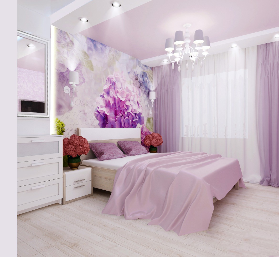 Красивый дизайн спальни в фиолетовых тонах и сиреневых, фото примеры