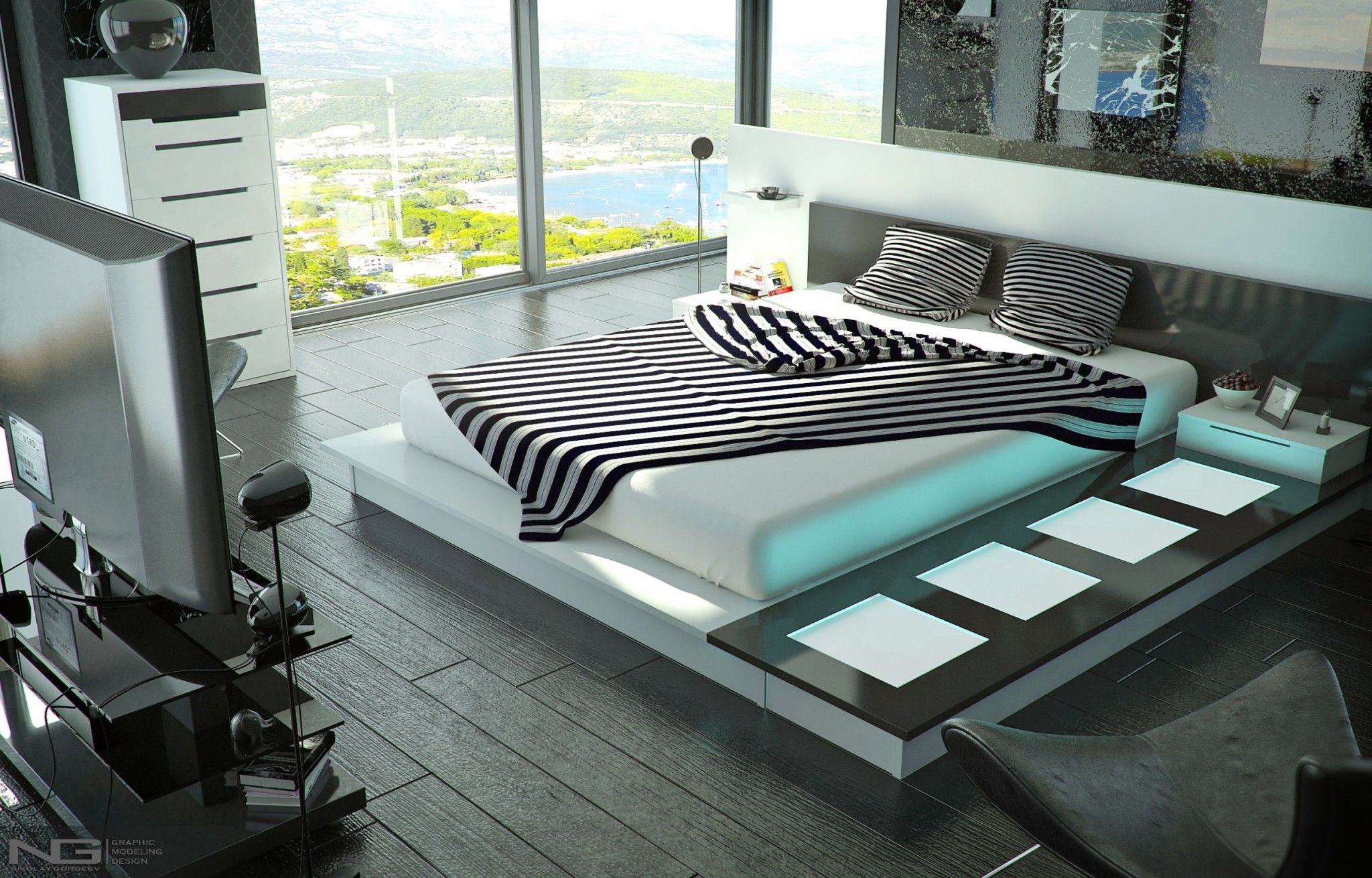 Кровать хай. Кровать подиум. Спальня в стиле Хай тек. Спальная кровать в стиле хайтек. Стиль хайтек в интерьере спальни.