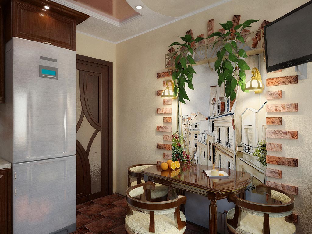 Дизайн стены на кухне у обеденного стола в современном стиле