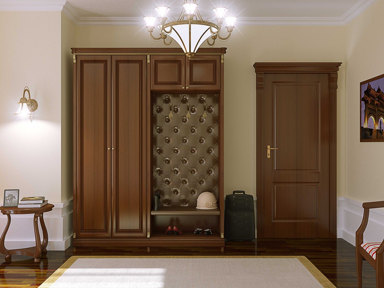 Белая мебель и коричневые двери в интерьере