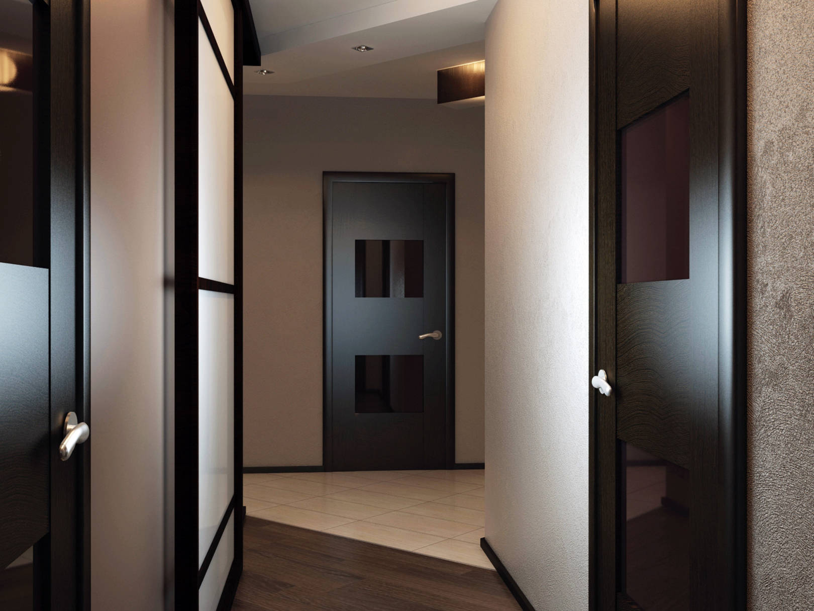 Дизайн квартиры с дверями. Темные двери в интерьере. Коридор с дверями венге. Двери венге в интерьере. Интерьер квартиры с темными дверями.
