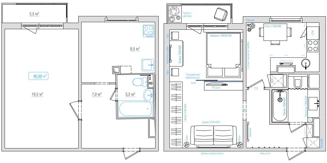 План однокомнатной квартиры с мебелью и размерами