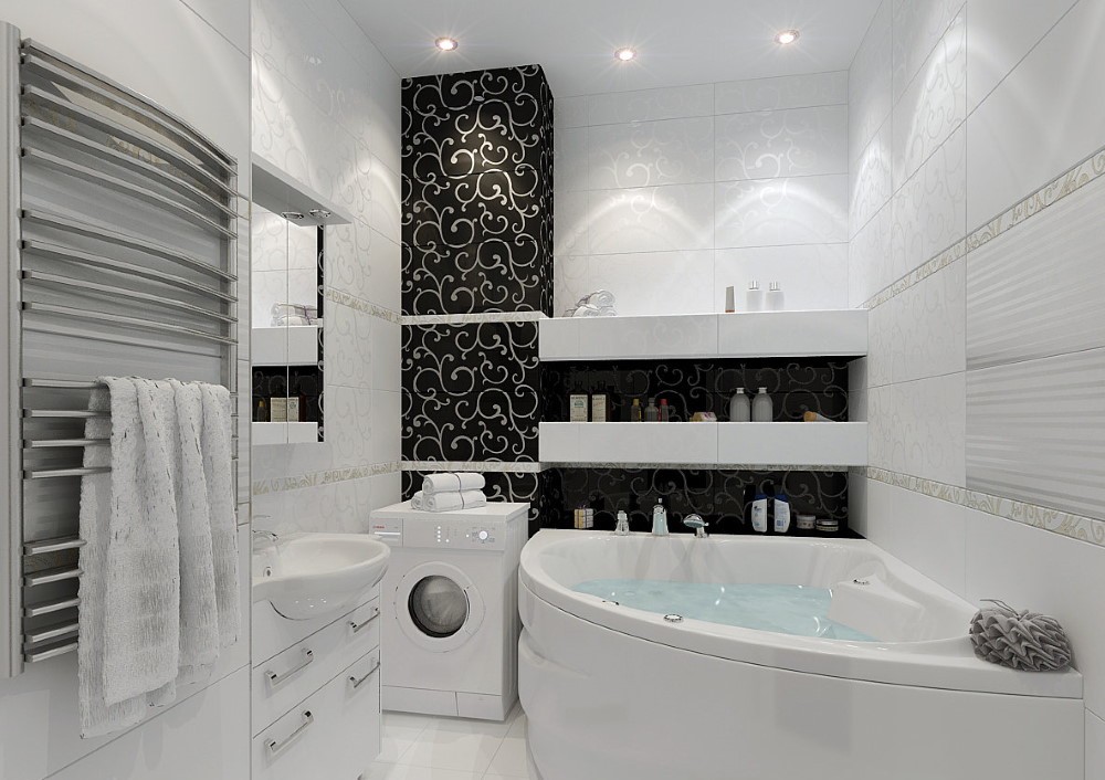 Интерьер небольшой ванной в черно-белой комбинации