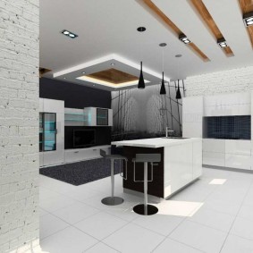 Двухуровневый потолок в кухне-гостиной