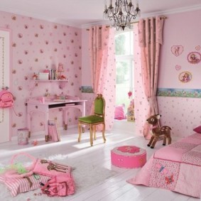 Розовые обои в спальне девочки