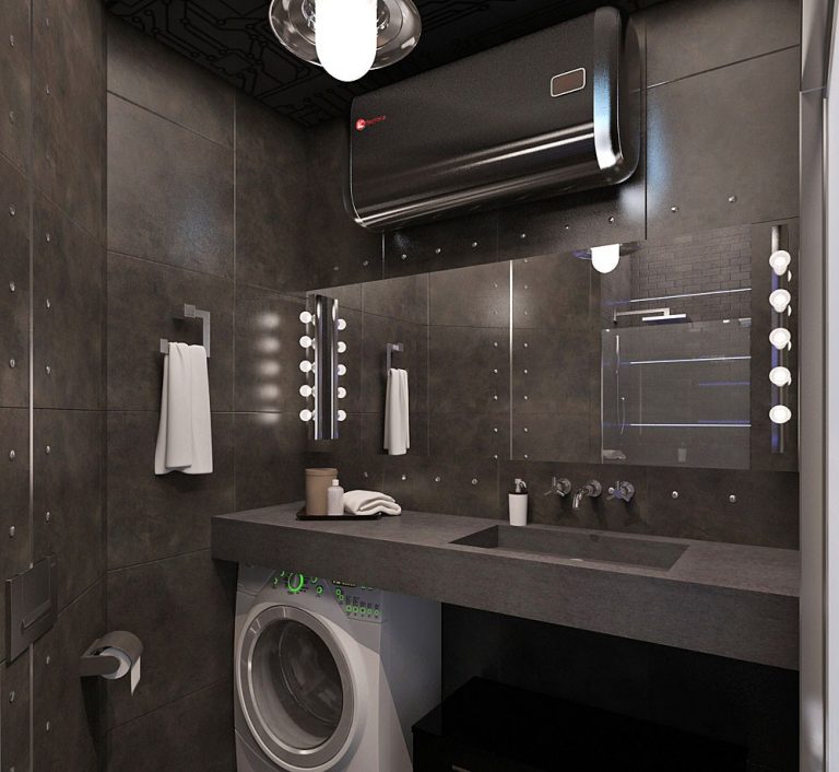 Интерьер ванной комнаты с туалетом и стиральной машиной в частном доме