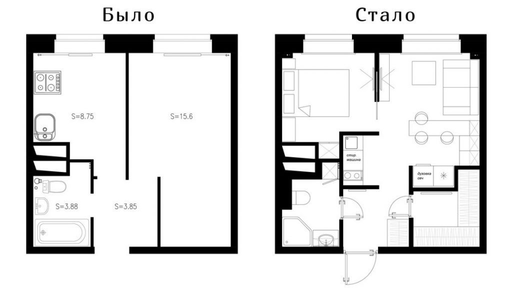 Схема перепланировки однушки в двухкомнатную квартиру