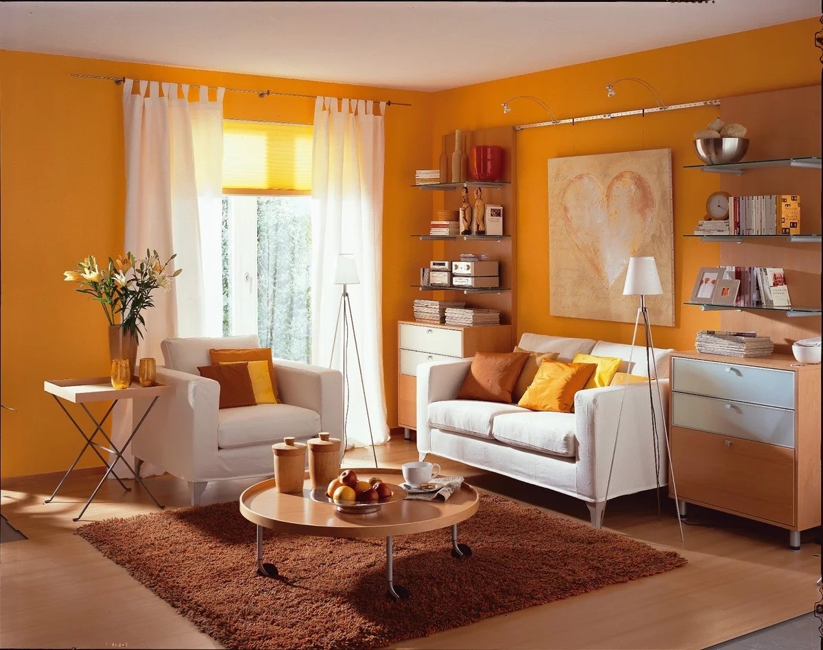 оранжевый цвет стен в гостиной
