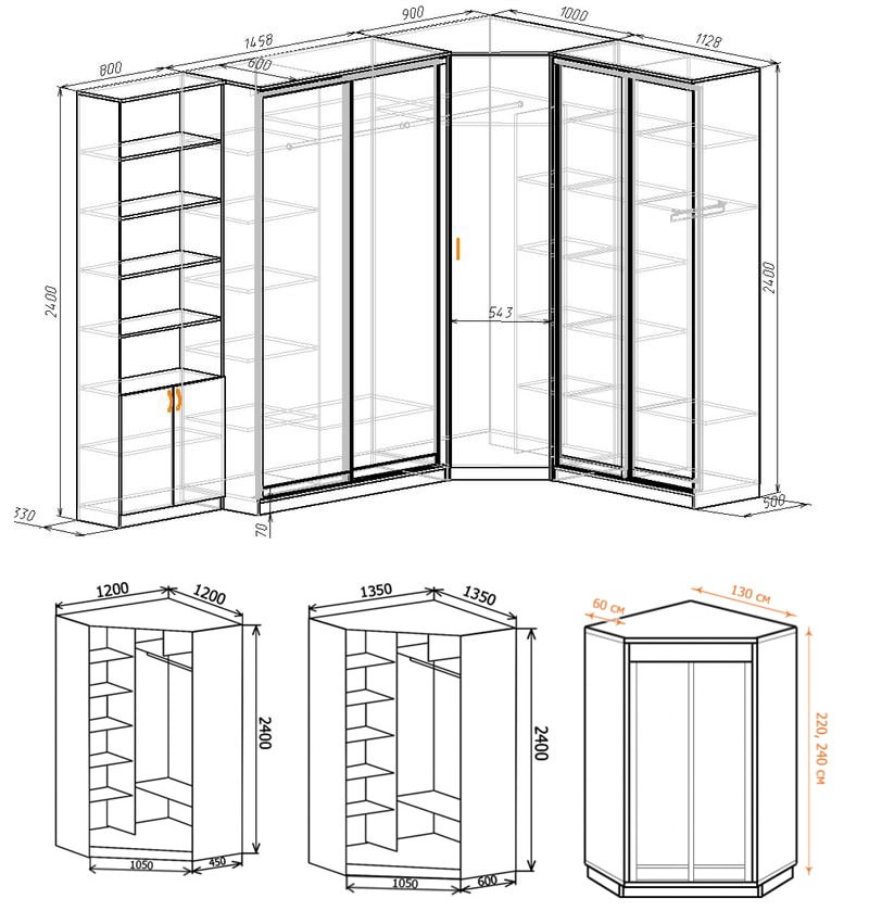 Схемы угловых шкафов для спальни с размерами