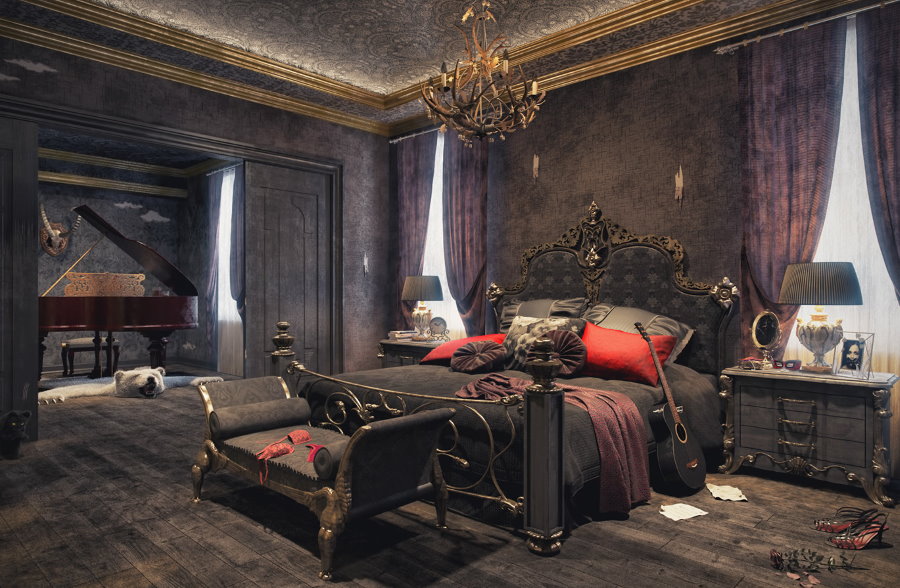 Темная спальня в готическом стиле интерьера