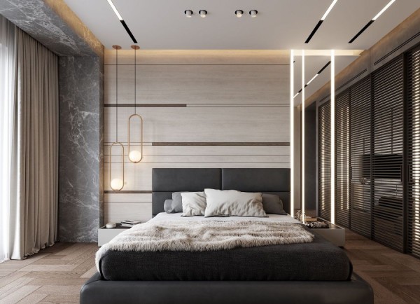 Дизайн спальни черный потолок