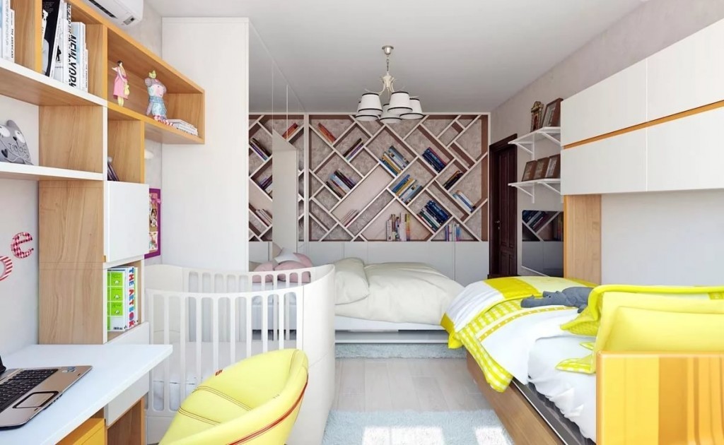 Спальня с детской кроватью в одной комнате