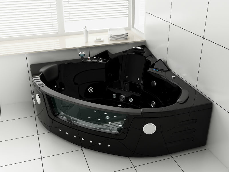 Акриловая угловая ванна черного цвета с форсунками