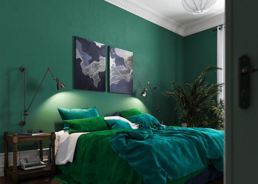 Темно-зеленая отделка стен в мужской спальне