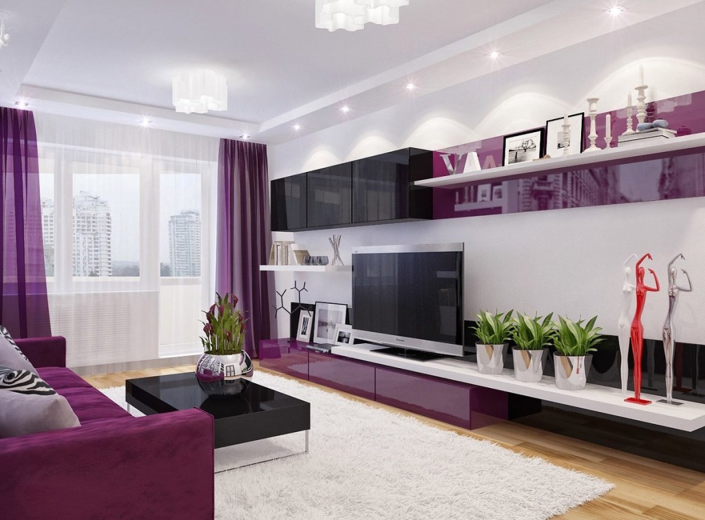 Фиолетовые шторы в интерьере современной гостиной