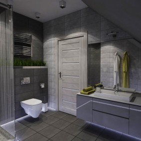 Дизайн ванной в стиле хай-тек с плиткой серого цвета