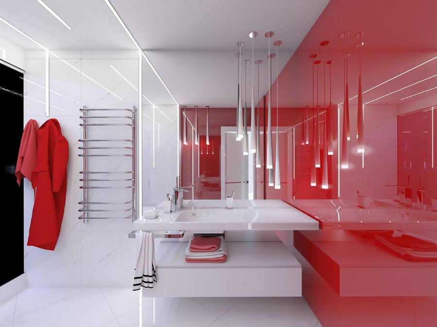 Красно-белый интерьер ванной в стиле хай-тек