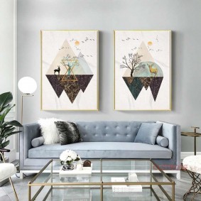 Диптих из модульных картин над диваном в зале