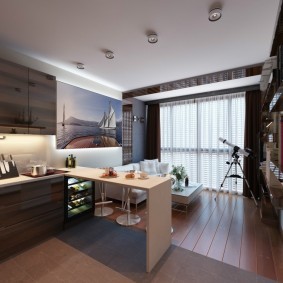Интерьер кухни гостиной с панорамным окном