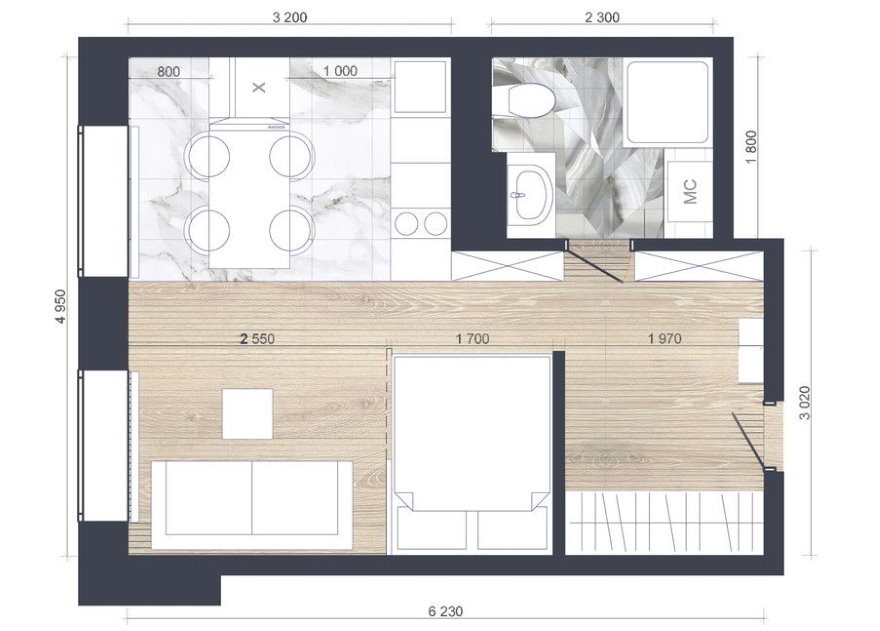 План квартиры-студи 30 кв м в новостройке