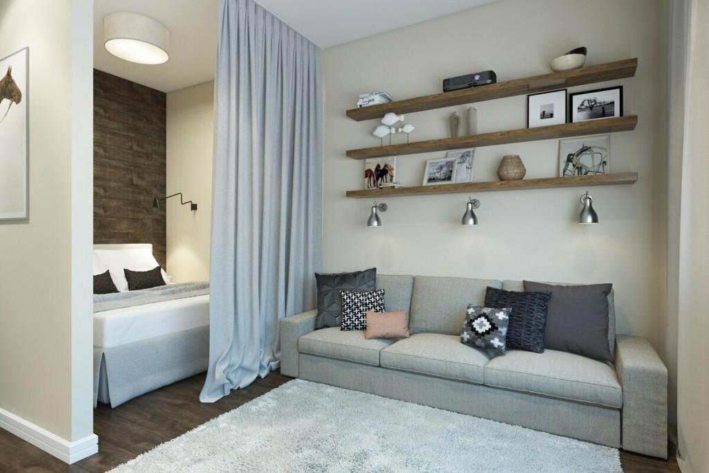 Интерьер спальни-гостиной в двухкомнатной квартире