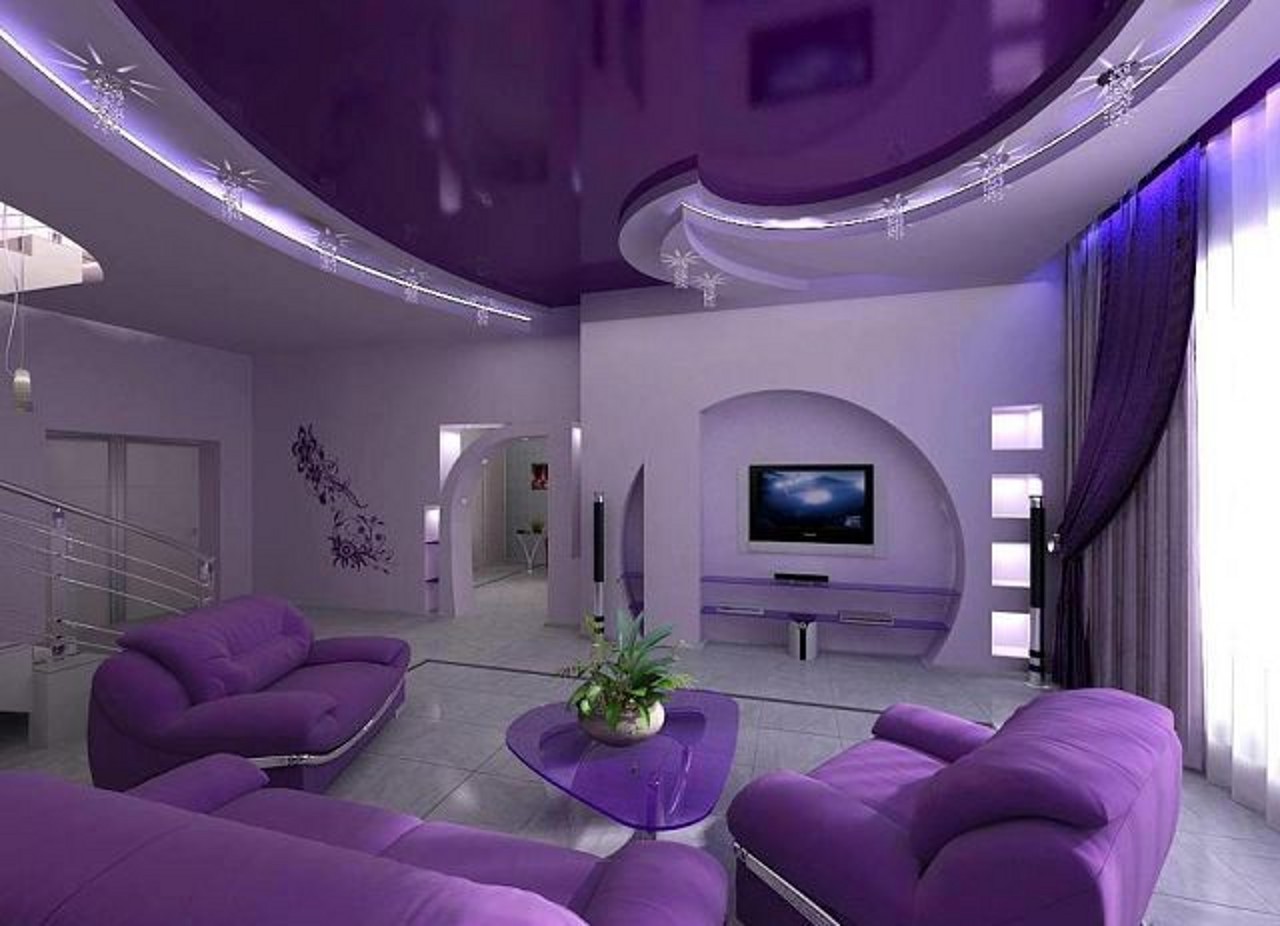 Красивые потолки квартир. Гостиная в сиреневых тонах. Гостиная в фиолетовых тонах. Фиолетовый интерьер. Гостиная в фиолетовом цве е.
